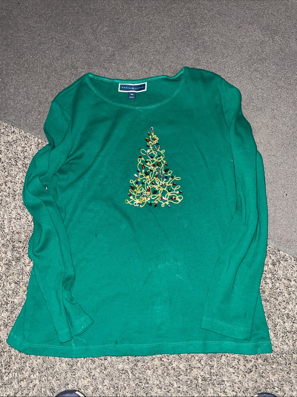 Karen Scott Green Embellished Holiday Christmas Tree Long Sleeved Top